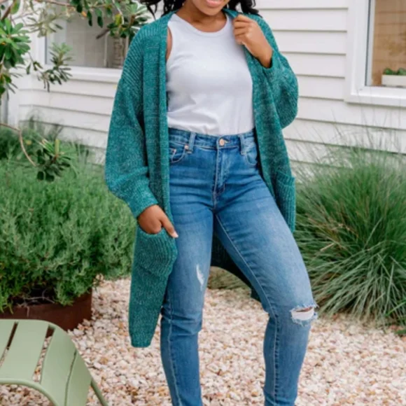 Cozy Dark Teal Duster Cardigan. NWT. Pockets!  Marled. - Picture 2 of 12